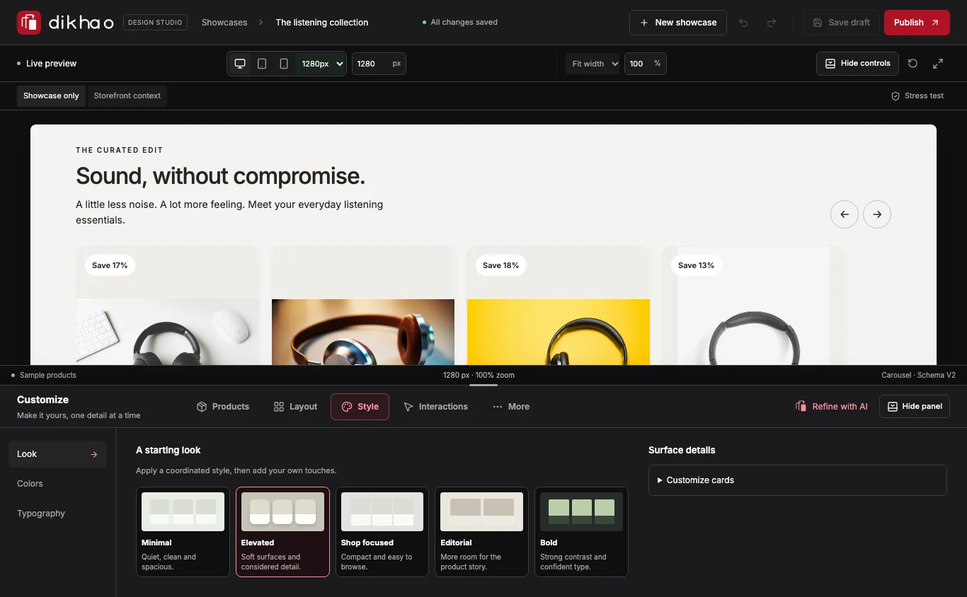 Dikhao studio with a product collection above its horizontal customization panel